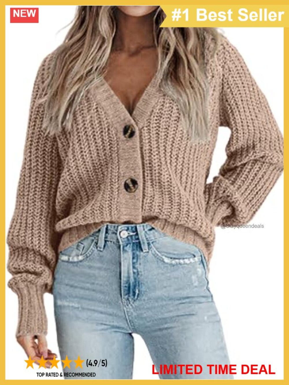 Chunky Knit Cardigan V-Neck Button Down Long Sleeve Cropped Sweater